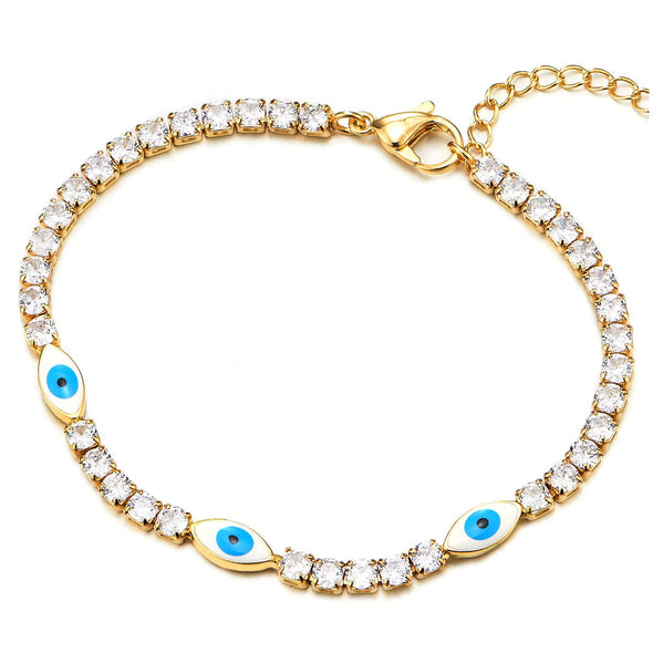 Womens Cubic Zirconia Pave Gold Color Link Chain Bracelet with Three Evil Eye Charms, Adjustable - COOLSTEELANDBEYOND Jewelry