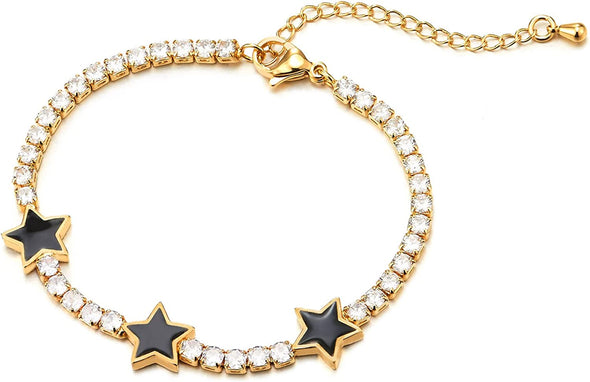Womens Cubic Zirconia Pave Gold Color Link Chain Bracelet with Three Stars, Adjustable, Sparkling - COOLSTEELANDBEYOND Jewelry