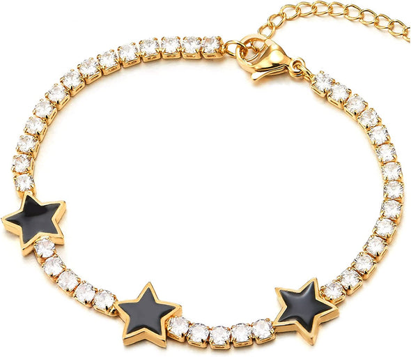Womens Cubic Zirconia Pave Gold Color Link Chain Bracelet with Three Stars, Adjustable, Sparkling - COOLSTEELANDBEYOND Jewelry