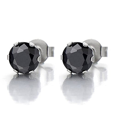 1 Pair 7MM Mens Ladies Black Cubic Zirconia Stud Earrings Stainless Steel - COOLSTEELANDBEYOND Jewelry