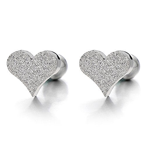 1 Pair Satin Heart Stud Earrings Stainless Steel, Screw Back, 2pcs - COOLSTEELANDBEYOND Jewelry