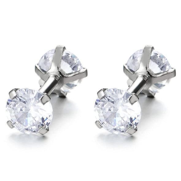1 Pair Two-sided 5MM White Cubic Zirconia Stud Earrings for Mens Ladies, Steel, Screw Back Post - COOLSTEELANDBEYOND Jewelry