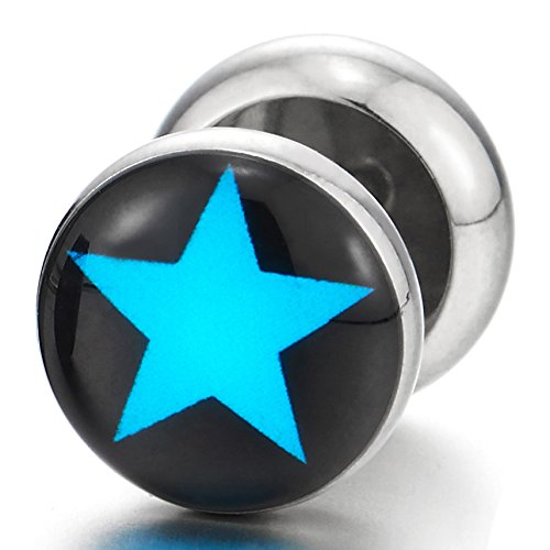 10MM Black Blue Pentagram Star Steel Round Stud Earrings Men Women, Cheater Fake Ear Plugs Gauges - coolsteelandbeyond