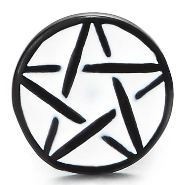 10MM Black Steel Star Pentagram Circle Stud Earrings with White Enamel, Men Women, Screw Back - COOLSTEELANDBEYOND Jewelry