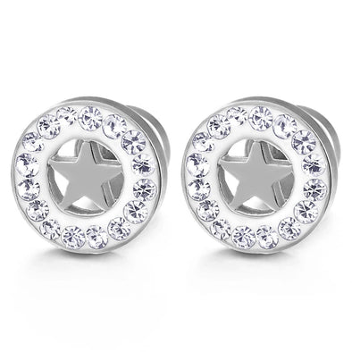 10MM Circle Star Stud Earring with CZ, Men Women, Steel Cheater Fake Ear Plugs Gauges Tunnel - COOLSTEELANDBEYOND Jewelry