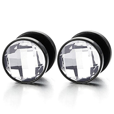 10MM Mens Women Black Circle Stud Earrings with Faceted CZ Steel Cheater Fake Ear Plug Gauges Tunnel - coolsteelandbeyond