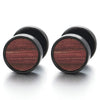 10mm Mens Women Black Circle Stud Earrings with Wood, Steel Cheater Fake Ear Plugs Gauges Tunnel - COOLSTEELANDBEYOND Jewelry