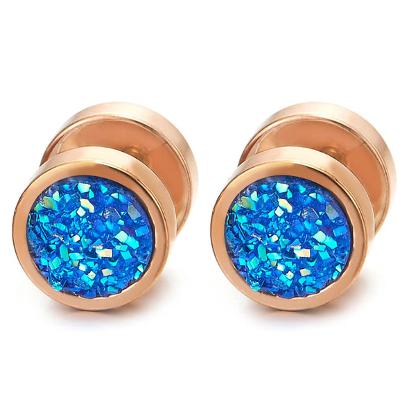 10mm Mens Women Rose Gold Circle Stud Earrings Blue Glitter, Steel Cheater Fake Ear Gauges Tunnel - COOLSTEELANDBEYOND Jewelry