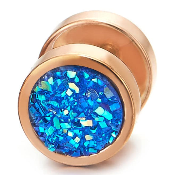 10mm Mens Women Rose Gold Circle Stud Earrings Blue Glitter, Steel Cheater Fake Ear Gauges Tunnel - COOLSTEELANDBEYOND Jewelry
