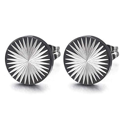 10MM Mens Womens Circle Stud Earrings Steel with Fan Sun Rays Sunburst Laser Pattern, Silver Black - coolsteelandbeyond