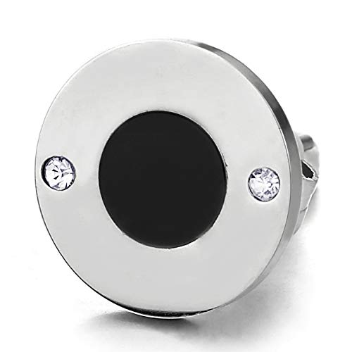 10mm Mens Womens Stainless Steel Circle Stud Earrings with Cubic Zirconia and Black Enamel