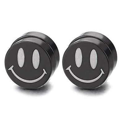 10MM Silver Black Magnetic Circle Stud Earring Steel with Smiling Face Non-Piercing Cheater Fake Ear - coolsteelandbeyond