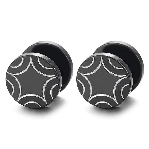 10MM Steel Mens Women Black Circle Earrings with Star Laser Patterns, Cheater Fake Ear Plugs Gauges