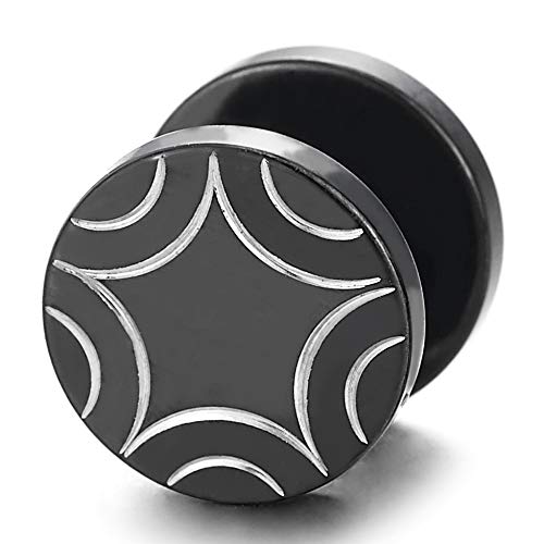 10MM Steel Mens Women Black Circle Earrings with Star Laser Patterns, Cheater Fake Ear Plugs Gauges