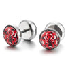 10MM Women Screw Stud Earring with Flower Red Rose Steel Cheater Fake Ear Plugs Illusion Tunnel - COOLSTEELANDBEYOND Jewelry