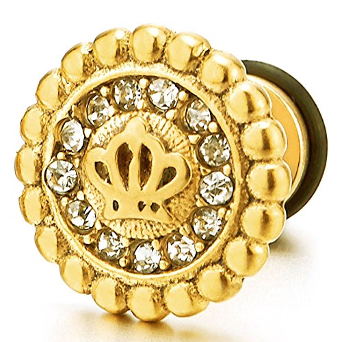 12MM Mens Womens Gold Color Crown Stud Earrings with Cubic Zirconia, Stainless Steel, Screw Back - COOLSTEELANDBEYOND Jewelry