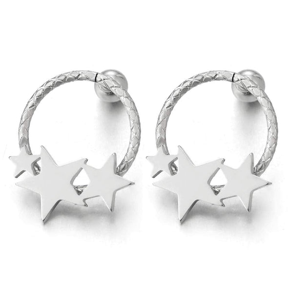 14MM Womens Stainless Steel Open Grooved Circle Stud Earrings with Stars Pentagram, Screw Back - COOLSTEELANDBEYOND Jewelry
