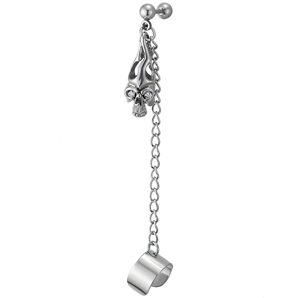 1pc Men Women Steel Chain Ear Cuff Ear Clip with Skull Screw Stud Earring