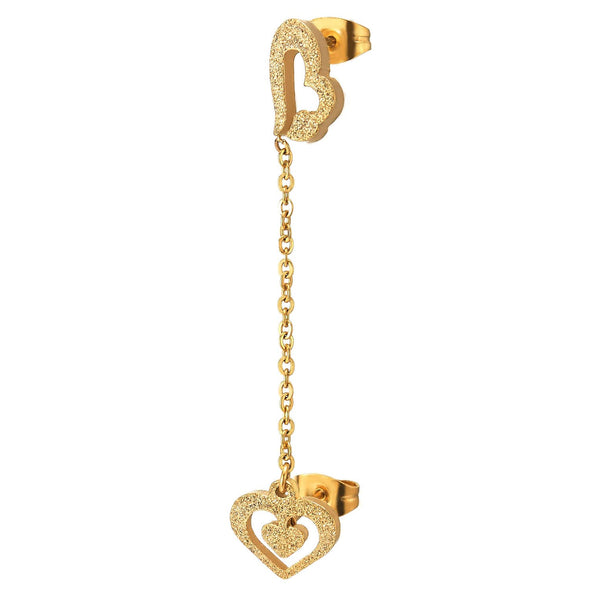 1pc Womens Stainless Steel Gold Color Double Stud Hearts Chain Earring - COOLSTEELANDBEYOND Jewelry