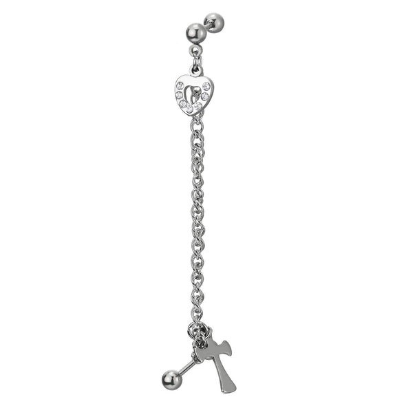 1pc Womens Steel Double Ball Chains Link Stud Earring with Dangling Cross, Hearts of CZ, Screw Back - COOLSTEELANDBEYOND Jewelry