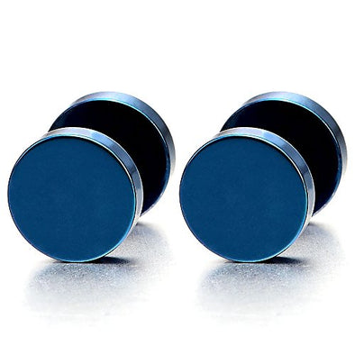 2 8MM Blue Circle Screw Stud Earrings Men Women, Steel Cheater Fake Ear Plugs Gauges Illusion Tunnel - coolsteelandbeyond