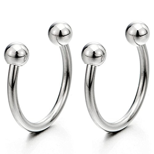 2 Stainless Steel Bead Half Hoop Huggie Hinged Earrings for Men Women, Screw Back - coolsteelandbeyond