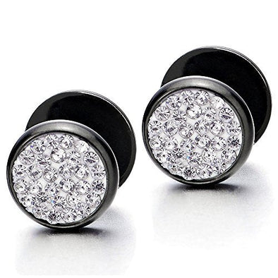 2pcs 10mm Mens Women Steel Circle Stud Earrings with CZ, Cheater Fake Ear Plugs Illusion Tunnel - coolsteelandbeyond