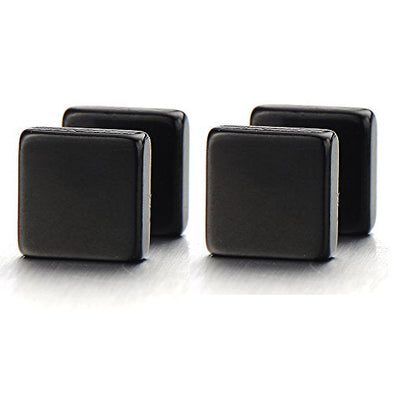2pcs 6mm Black Cube Barbell Earrings Men, Stainless Steel Cheater Fake Ear Plugs Gauges Illusion Tunnel - coolsteelandbeyond