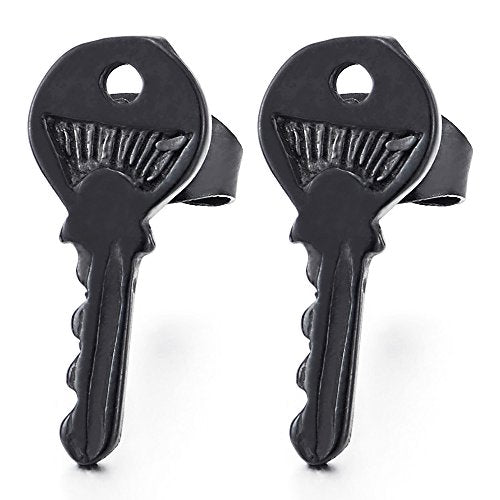 2pcs Black Key Stud Earrings in Stainless Steel for Men Women