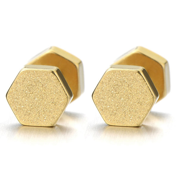 2pcs Gold Hexagon Screw Stud Earrings for Men Women, Steel Cheater Fake Ear Plugs Gauges, Satin Finished