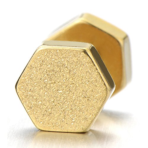 2pcs Gold Hexagon Screw Stud Earrings for Men Women, Steel Cheater Fake Ear Plugs Gauges, Satin Finished