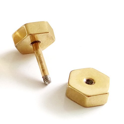 2pcs Gold Hexagon Screw Stud Earrings for Men Women, Steel Cheater Fake Ear Plugs Gauges, Satin Finished