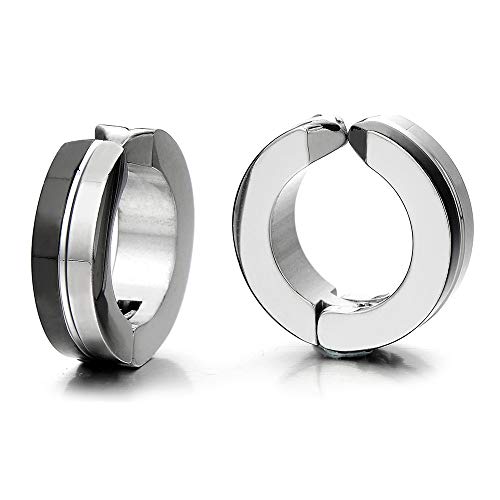 2pcs Grooved Silver Black Huggie Hinged Hoop Earrings Non-Piercing Clip On Earrings Unisex Men Women - COOLSTEELANDBEYOND Jewelry