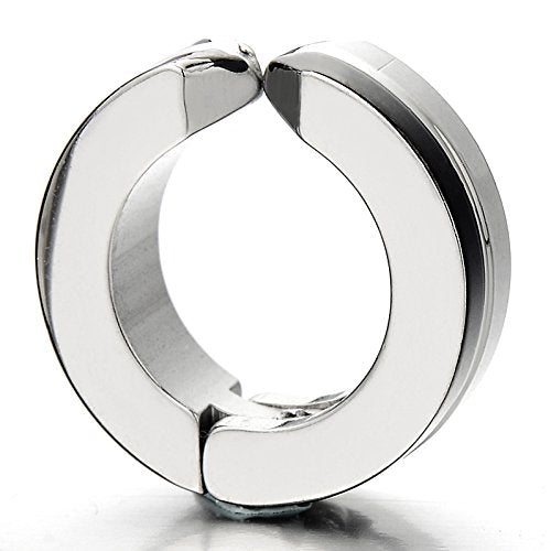 2pcs Grooved Silver Black Huggie Hinged Hoop Earrings Non-Piercing Clip On Earrings Unisex Men Women - COOLSTEELANDBEYOND Jewelry
