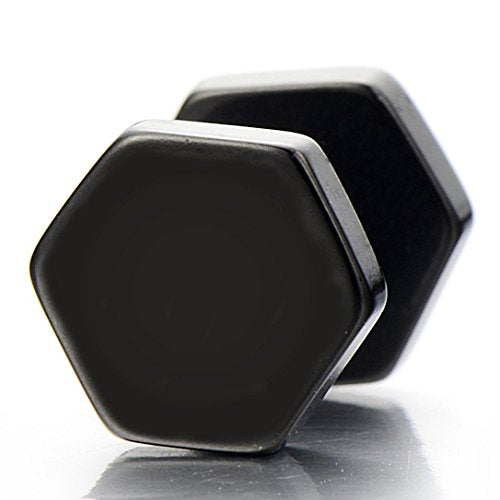 2pcs Hexagon Black Screw Stud Earrings for Men Women, Stainless Steel Cheater Fake Ear Plugs Gauges - coolsteelandbeyond