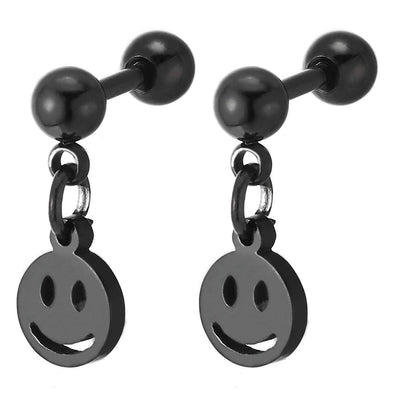 2pcs Mens Womens Steel Black Ball Barbell Stud Earrings with Dangling Smiling face, Screw Back - COOLSTEELANDBEYOND Jewelry