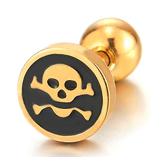 2pcs Mens Womens Steel Gold Color Pirate Skull Circle Stud Earrings with Black Enamel, Screw Back - COOLSTEELANDBEYOND Jewelry