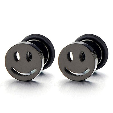 2pcs Smiling Face Black Stud Earrings in Steel for Men Women, Screw Back - coolsteelandbeyond
