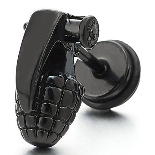 2pcs Stainless Steel Black Grenade Stud Earrings for Men, Screw Back - coolsteelandbeyond
