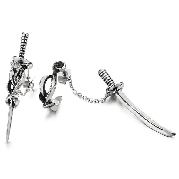 2pcs Stainless Steel Chain Sword Scabbard Stud Earrings for Man for - coolsteelandbeyond