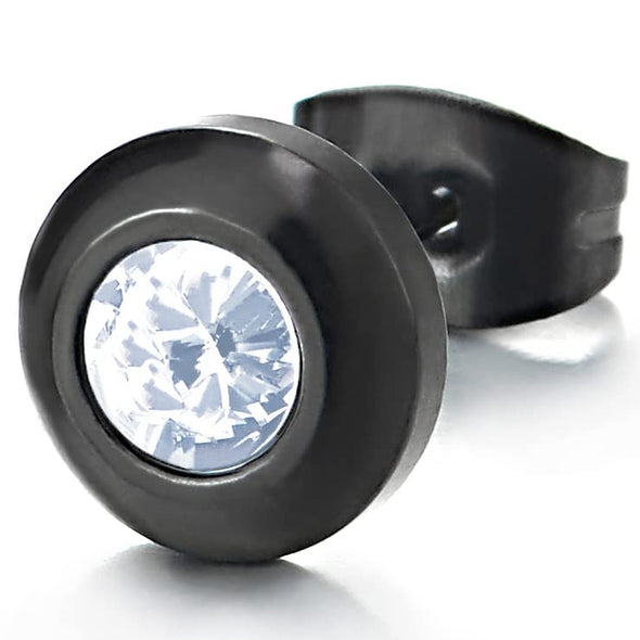 2pcs Stainless Steel Mens Womens Black Dome Stud Earrings with 4MM Cubic Zirconia - COOLSTEELANDBEYOND Jewelry