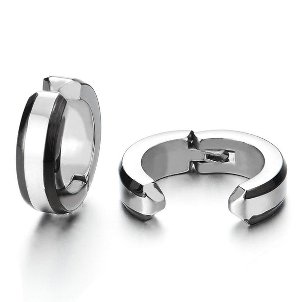 2pcs Steel Silver Black Huggie Hinged Hoop Earrings Non-Piercing Clip On Earrings for Men Women