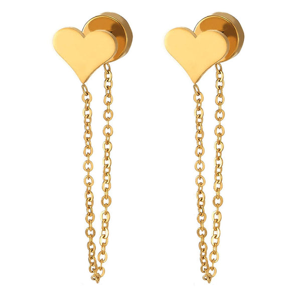 2pcs Womens Stainless Steel Gold Heart Stud Earrings with Dangling Long Chain Link, Screw Back - COOLSTEELANDBEYOND Jewelry