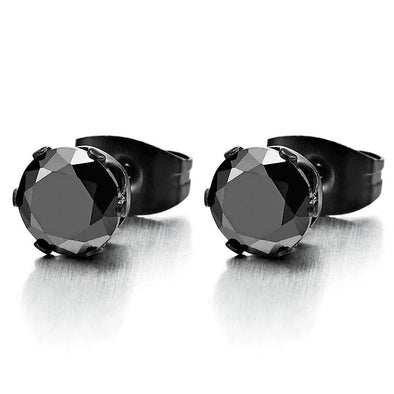 3-8MM Black Cubic Zirconia Mens Ladies Black Stud Earrings Stainless Steel, 1 Pair