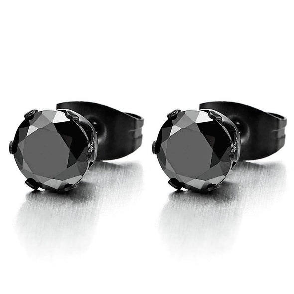 12 Pairs Stainless Steel CZ Stud Earrings - Sizes 3mm To 8mm, Butterfly Back