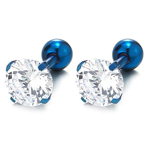 3-8MM Cubic Zirconia Mens Ladies Black Stud Earrings Stainless Steel, 1 Pair