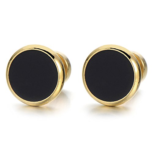 6-12MM Mens Womens Gold Black Stud Earrings Stainless Steel