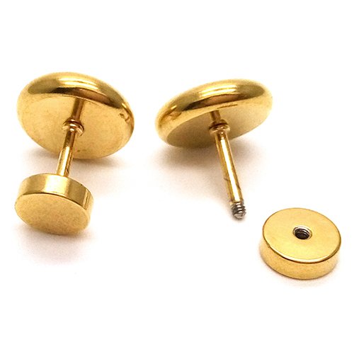 6-12MM Mens Womens Gold Black Stud Earrings Stainless Steel Illusion Tunnel Plug Screw Back, 2pcs - coolsteelandbeyond