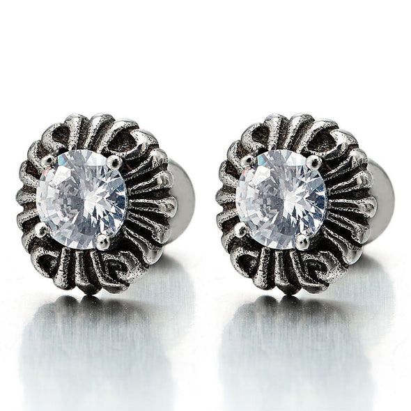 6MM Cubic Zirconia Vintage Style Stud Earrings for Men Women Stainless Steel, Screw Back, 2pcs - COOLSTEELANDBEYOND Jewelry
