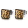 7MM Womens Stainless Steel Puff Square Stud Earring with Leopard Print Pattern - COOLSTEELANDBEYOND Jewelry